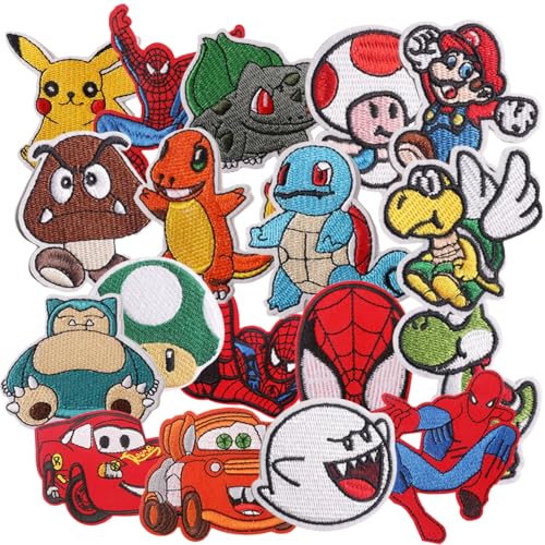 18pcs Cute Cartoon Kids Embroidery Patches,Spider Iron on DIY Repair Appliques Car Dinosaur Badges for Clothing, Jeans, Jackets, Pants, Dresses, Shoes, Hats, Backpacks