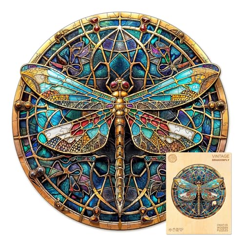 Wooden Puzzles for Adults, 300 Pieces Adult Puzzles, Vintage Dragonfly Puzzles Gifts for Puzzle Lover, Wooden Puzzle Games (L-13.3 * 13.1in)