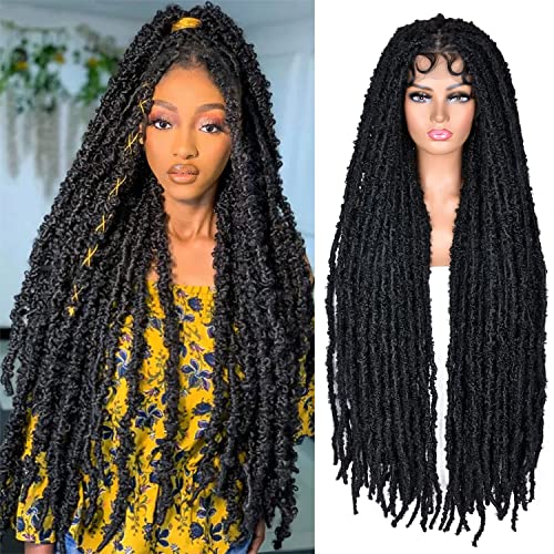 CURLCRAZY Faux Locs Braided Wigs for Black Women Butterfly Faux Locs Wigs with Baby Hair 40 Inch Full Double Lace Front Crochet Butterfly locs Knotless Dreadlock Wig（1B）