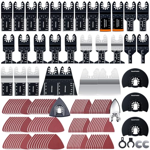 CONNOO 156 Pack Oscillating Saw Blades, Oscillating Tool Blades with Sandpaper, Multitool Bi-Metal Blades Kits for Wood Metal Plastics Quick Release Fit Dewalt Ryobi Milwaukee Rockwell Makita