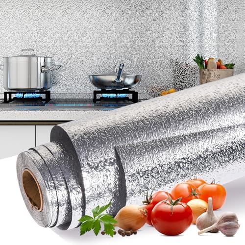 proprodiudiu Kitchen Wallpaper Oil Proof Sticker Aluminum Kitchen Backsplash Protector Self-Adhesive Paper Waterproof Wall Sticker for Microwaves, Countertops (15.7''x197'')