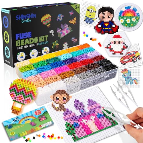 shinshin creation XL Fuse Beads kit, Melty Beads Melting Beads for Kids Crafts | Iron Beads for Kids kit - Fuse Beads pegboards, pearler Beads. Hama Beads Compatible - 11000pcs 5mm