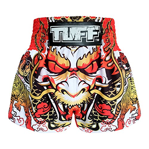 Tuff Sport Boxing Muay Thai Dragon Skull Kick Martial Arts Training Gym Trunks Shorts, White Dragon, Large
