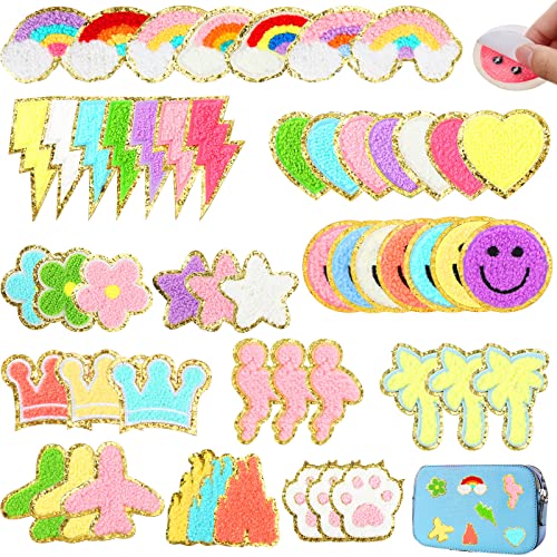 Cindeer 52 Pcs Cute Chenille Embroidered Stick on Patches Colorful Self Adhesive Glitter Chenille Rainbow Heart Smile Face Iron Letters Lightning Flower Applique for Backpacks Clothes Hat