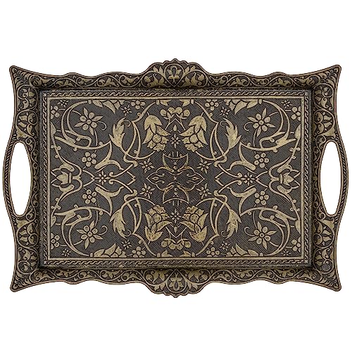 Alisveristime Ottoman Turkish Zamak Serving Tray with Traditional Motifs, Ideal for Coffee and Tea - Six Person Tray (14.5 x 9.85 in) (Antique Green)