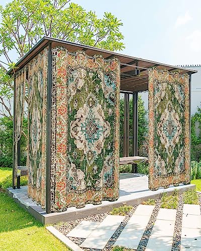 Ombre Green Boho Outdoor Curtains for Patio Waterproof, Grommet Privacy Curtain Drapes Weatherproof Outside Curtains for Porch GazeboPergola Cabana 2 Panel 54x84inch Vintage Ethnic Tribal Geometric