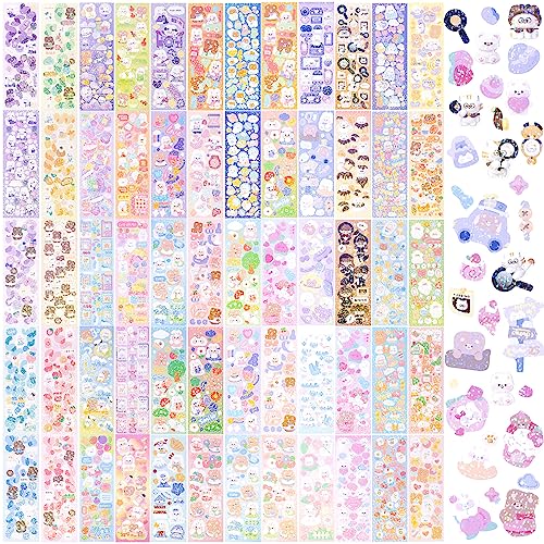 HINZIC 60 Sheets Korean Stickers Kpop Deco Stickers for Photocard Self Adhesive Colorful Stickers Cute Korean Stickers with Rabbit Bear Flower Cake for DIY Arts Craft Cards Scrapbooking Valentine Gift