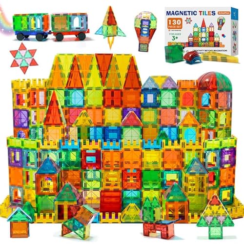 EchoPlan Magnetic Tiles, 130PCS Magnetic Blocks with 2 Cars, Magnet Tiles 3D Clear Building Blocks Set, STEM Sensory Educational Toys Gift for Toddlers Kids Boys 3 4 5 6 7 8 9+ Year Old