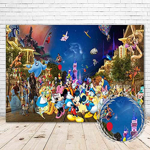 YouRan Disneyland Main Street Backdrop 7x5 Happy Birthday Pink Disneyland Castle All Character Background for Kids Vinyl Classic Disneyland Poster for Bedroom Decor