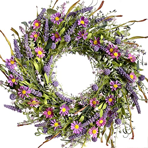 Egolot 24 Inch Spring and Everyday Greenery Wild Flower Wreath for Front Door, Mixed Green Leaves and Flower Wreath for Indoor and Outdoor Use, Everyday Home Decor