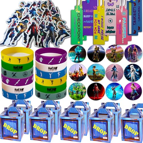 Gaming Party Supplies Set - 72 Pack Video Game Birthday gifts set, 12 Gaming Themed Gift Boxes, 12 Bookmarks, 12 Badges, 12 Bracelets & 24 Stickers Decoration