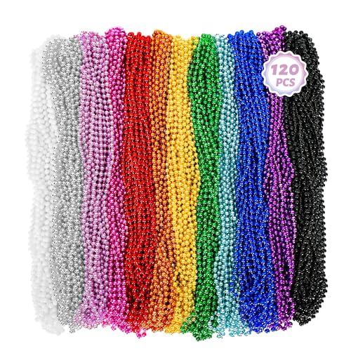 Huskein Bead Necklace, 120PCS Mardi Gras Beads, 33" Colorful Mardi Gras Beads Necklaces, Women Men Party Costume Accessories Parade Throws Bulk Party Favors for Christmas Pirate Carnival