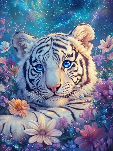Bimkole 5D Diamond Art Kits for Adults White Tiger, Full Drill DIY Rhinestone Embroidery Set Paint with Diamonds Art Flower Animal by Number Kits Cross Stitch Home Wall Craft Decoration 12x16 Inch