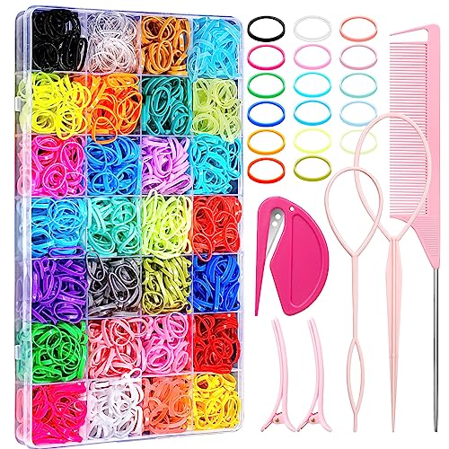 28 Colored Rubber Bands for Hair, 1500 Pcs Small Girls Elastic Ties With 6 Styling Tools - Colorful Accessories for Baby Toddlers Kids