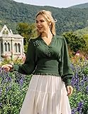 Women Renaissance Shirt Lantern Sleeve Peasant Blouse Smocked Boho Tops Dark Green Large