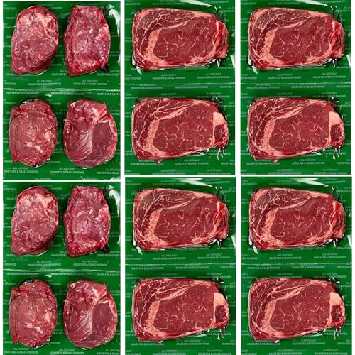 [16 Steaks] Australian Grass-Fed Beef – 8 Ribeye (10 oz) + 8 Top Sirloin (4–6 oz) – Halal Certified, Lean & Flavorful – Frozen & Vacuum Packed – 100% Grass-Finished – 25g Protein/Serving