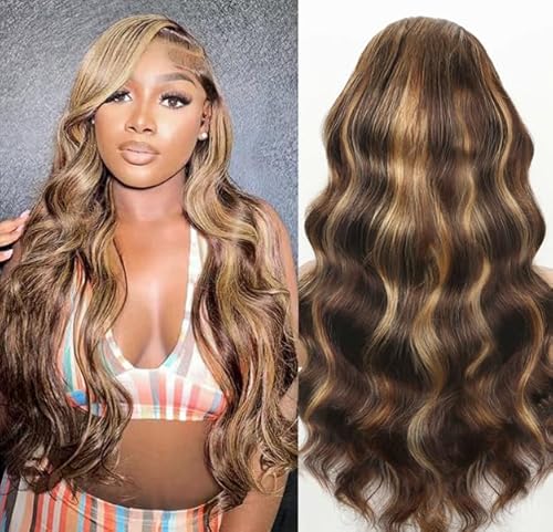 Kesenmu Ombre Lace Front Wig Human Hair, 13x6 HD Honey Blonde Body Wave Lace Frontal Wigs Human Hair with Baby Hair,210% Density Colored 4/27 Highlight Wig Human Hair for women 26 inch