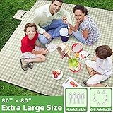 ZAZE Extra Large Picnic Outdoor Blanket, 80''x80'' Waterproof Foldable Blankets Gingham Picnic Mat for Beach, Camping Grass Lawn Park Accessories Cute Couple Gifts Ideas Wedding Registry(Green White)