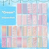 Korean Deco Stickers Set (30 Sheets), Colorful Glitter Stickers with Flower Heart Ribbon Letter Alphabet, Kpop Potocard Korean Stickers, Cute Deco Stickers for Scrapbook Card Craft Kids (Cream)