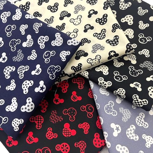 Disney Mickey Mouse Minnie Heads Character Cartoon Pattern 100% Cotton in Different Color Quilting Fabric for Patchwork Needlework DIY Sewing Crafting Precut Face Mask 18x22 Inches (Set of 5 Pieces)