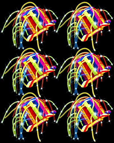 Wesiti 6 Pcs LED Funny Clown Crazy Hat Light up Jester Glow in Dark Crazy Hat Mardi Gras Noodle Hair for Adults Kids Halloween Christmas Party Cosplay Costume Decor Supplies