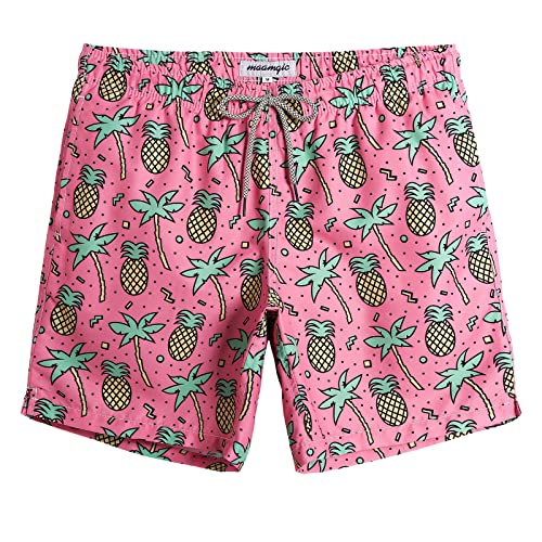 maamgic Mens Swim Trunks Quick Dry Swim Shorts with Mesh Lining Funny Swimwear Bathing Suits 7inch Pineapple Palm Tree Pink Large