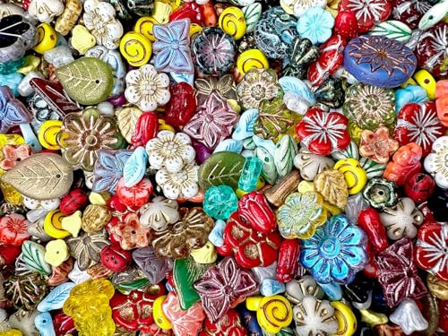 2,29 oz (65 g) Assorted Beads Mix: Czech Glass Beads, Flower & Leaf Shapes - Premium Flower Beads for Jewelry Making