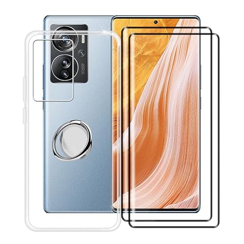HGJTF Cover for ZTE Axon 40 Pro (6.67") with 2 X Tempered Glass Protective Film, 360° Cell Phone Metal Ring Holder, [Ultra-Thin Clear Soft TPU Shockproof Shell] Phone Case for ZTE Axon 40 Pro