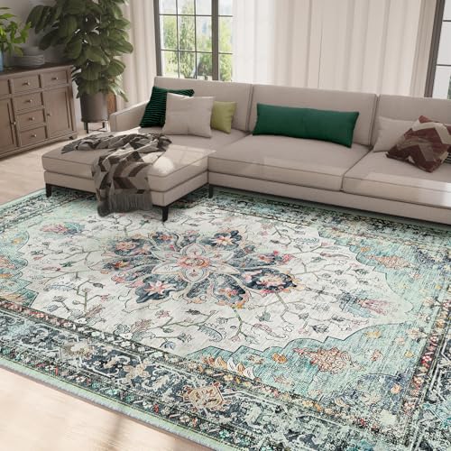 RELEANY Area Rugs 8'x10' Washable Non-Slip, Floral Vintage Distress Print Pattern Medallion Carpet for Living Room Bedroom Dining Room, Green Teal Colorful