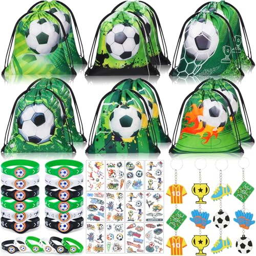 Winrayk 12 Sets Soccer Party Favors Sports Birthday Supplies, Soccer Goodie Bags Drawstring Bags Tattoo Stickers Gifts Toys Goody Bag Stuffers Filler Soccer Birthday Party Favors Soccer Party Supplies