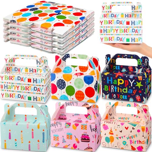 Zhanmai 36 Pack Birthday Party Treat Box 6 Inch Goodie Party Favor Treats Gable Box Birthday Gift Wrapping Container Cookie Cupcake Snack Candy bag with Handle