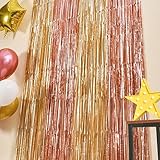 LOLStar 2 Pack Rose Gold Birthday Decorations, 3.3x6.6ft Pink and Gold Foil Fringe Curtains, Tinsel Streamers Backdrop Photo Booth Props for Bridal Shower Ballerina Valentine's Party Decor