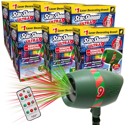Star Shower Ultra 9 Outdoor Laser Light Show with Remote, 6 Pack, AS-SEEN-ON-TV, New 9 Unique Patterns, Showers Home w/Thousands of Lights, 3 Color Combinations, Motion or Still, Up to 3200 Sq Ft