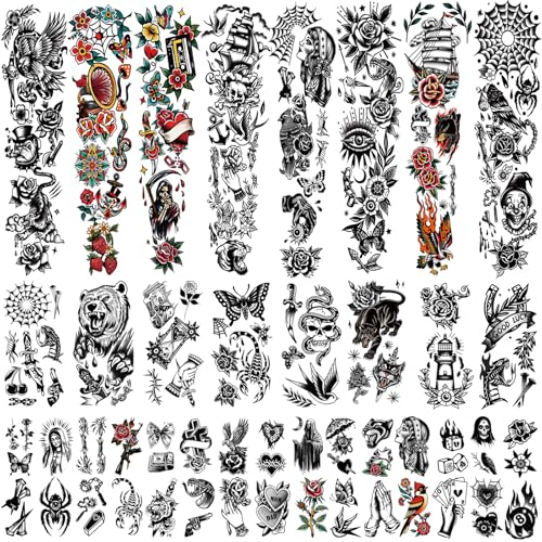 48 Sheets Old School Temporary Tattoos, 8 Sheets Full Arm Bear Flower Swallows Owl Fake Tattoo Stickers for Adults Women Men, 10 Sheets Half Arm 30 Sheets Small Tattoos Realistic for Kids Girls Boys