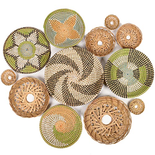 Boho Wall Baskets for Decor, Wicker Hanging Basket, Boho Wall Art, Woven Hanging Basket, Rattan Decor, Bohemian Decorative for Living Room Or Bedroom, Round Bamboo and Seagrass Plates 12 Pcs
