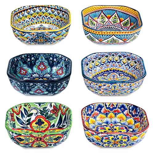 HENXFEN LEAD Boho Dipping Bowls – 8 oz Small Ceramic Snack Bowls, Square Soy Sauce Dish for Dips, Salsa, Side Dishes, Dessert – 4.3 Inch Appetizer Plates Set of 6