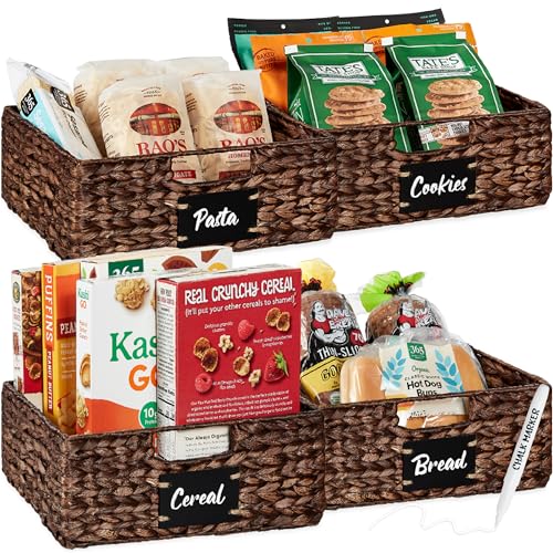 Best Choice Products Set of 4 13x12in Water Hyacinth Pantry Baskets, Woven Kitchen Organizers w/Chalkboard Label, Chalk Marker - Brown