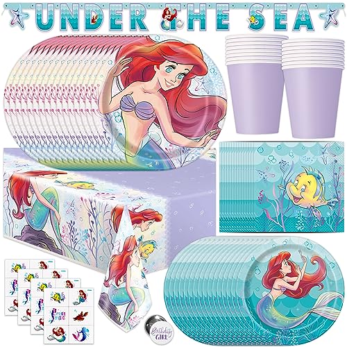 The Little Mermaid Party Decorations | Officially Licensed | Serves 16 Guests | Ariel Birthday Party Supplies | Tablecloth, Banner, Dinner & Cake Plates, Cups, Napkins, Tattoos Favors & Button