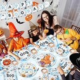 Halloween Happy Boo Day Party Decorations, 142Pcs Blue Halloween Decor Tableware Supplies Happy Boo Day Plates and Napkins,Cups,Banner,Tablecloth Happy Boo Day Decorations for Boy