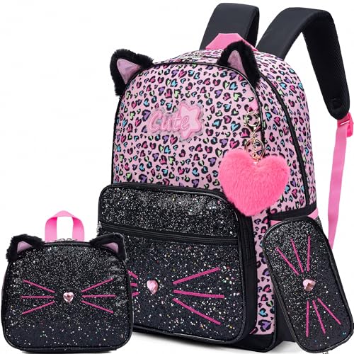 Meetbelify Black Cute Cat School Backpack for Girls Backpack with Lunch Box for Elementary Students Kids Travel Bookbag for Girls Ages 6-8