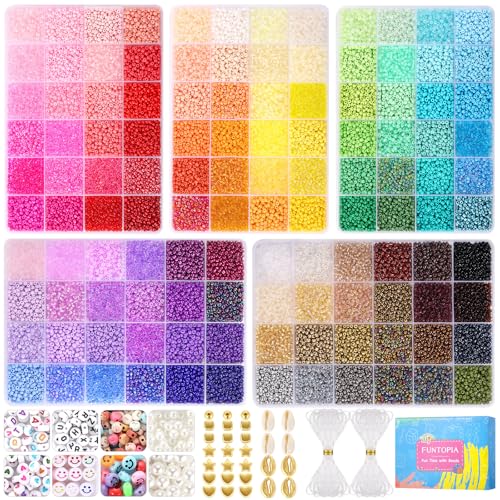 Funtopia 3mm 37000pcs+ Seed Beads for Jewelry Making, 120 Colors Small Glass Beads for Bracelets, Friendship Bracelet Kit with Alphabet Letter Beads Smile Face Beads for DIY, Art and Craft