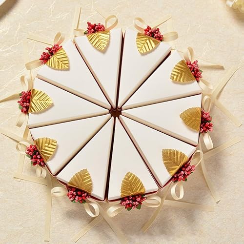 tiecawk 30Pcs Party Treat Boxes Triangle Cake Shaped Candy Boxes with Berry and Ribbon Wedding Gift Bags Chocolate Candy Packaging Boxes for Birthday Wedding Bridal Shower Baby Shower (White)