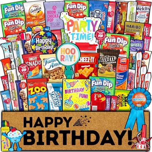 Birthday Care Package (50 Count) Snacks Food Cookies Bar Chips Party Variety Gift Box Pack Assortment Basket Bundle Mix Treat College Students Kids Teens