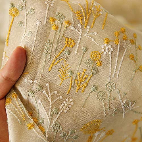 47 inches Width Vintage Floral Embroidery Ramie Cloth Material DIY Handicraft Fabric by The Yard (Beige)