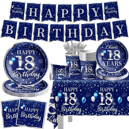 GREHUMOR 142Pcs 18th Birthday Tableware Decorations for Boys Sliver Blue Happy 18 Birthday Party Supplies Disposable Tablecloth,Plates,Napkins,Cups,Forks and Knives for Boys 18th Birthday Party