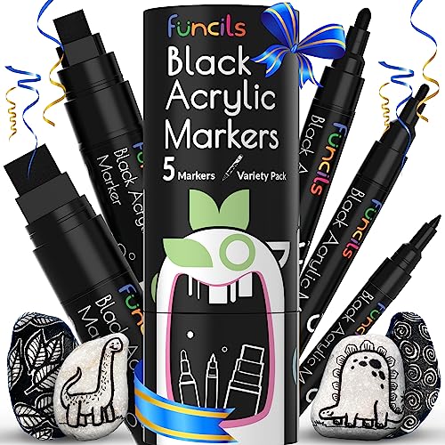 Funcils 5 Acrylic Black Paint Pen - Fine Tip, Thin Point & Jumbo Pens (1mm, 3mm, 6mm, 10mm, 15mm) - Black Paint Marker for Plastic, Canvas, Wood, Rock Painting, Fabric, Tire, Metal, Glass