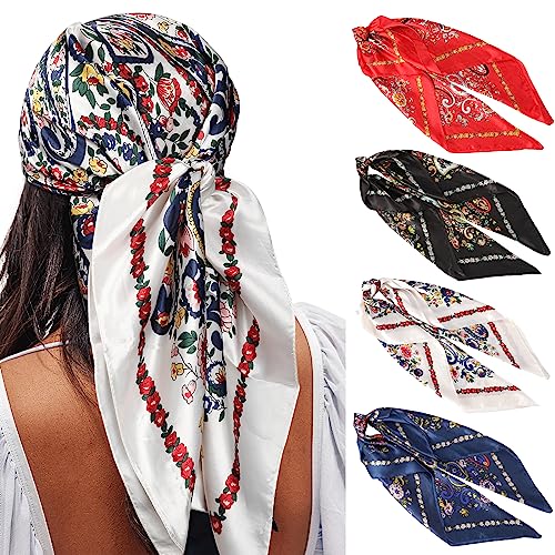 AWAYTR 35” Satin Large Square Head Scarves - 4PCS Silk Like Neck Scarf Hair Sleeping Wraps Lightweight Satin Silk Scarfs for Women（Black+White+Red+Blue）