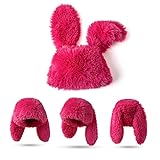 Furry Beanie Bunny Ears Hat Fluffy Warm Hat Plush Slouchy Beanies for Indoor and Outdoor (Black)