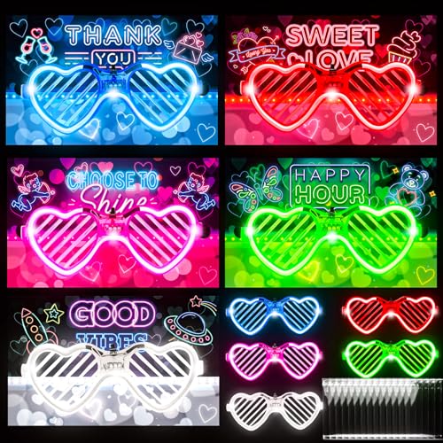 Thuodo 30pcs Valentine Day LED Heart Glasses Glow in the Dark Party Favors for Kids Adults 5 Colors Light Up Glasses with Gift Cards Great for Birthdays Weddings Carnivals Decorations Exchange Prizes