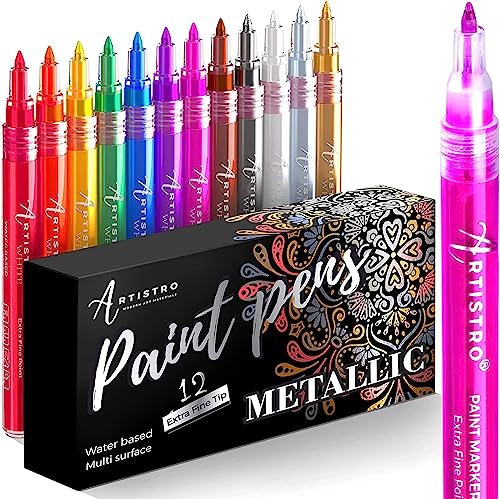 ARTISTRO Metallic Paint Pens for Rock Painting, Stone, Ceramic, Glass, Wood, Fabric, Pebbles, Scrapbook Journals, Photo Albums, Card Stocks. Set of 12 Acrylic Paint Markers Extra-Fine Tip 0.7mm